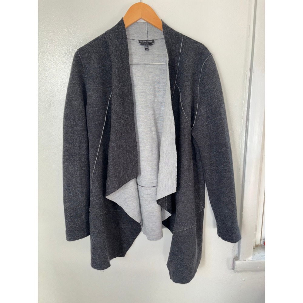 EILEEN FISHER Charcoal Grey Merino Wool Open Front Seamed‎ Waterfall Cardigan L